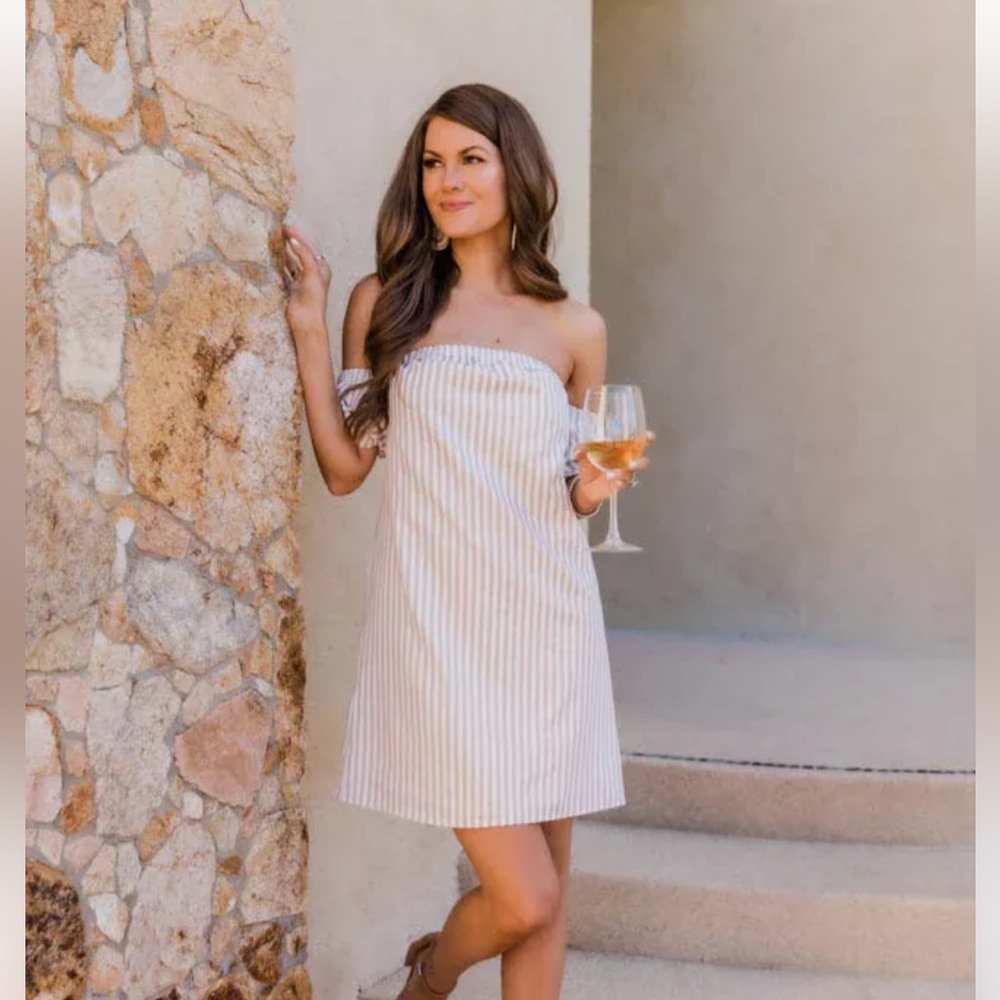 CAITLIN COVINGTON X PINK LILY The Tuscany Striped Off the Shoulder Tan Dress
